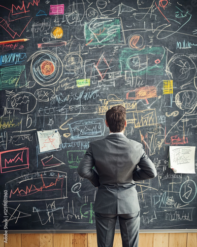 Businessman Analyzing Complex Chalkboard Diagrams and Graphs in Office Setting