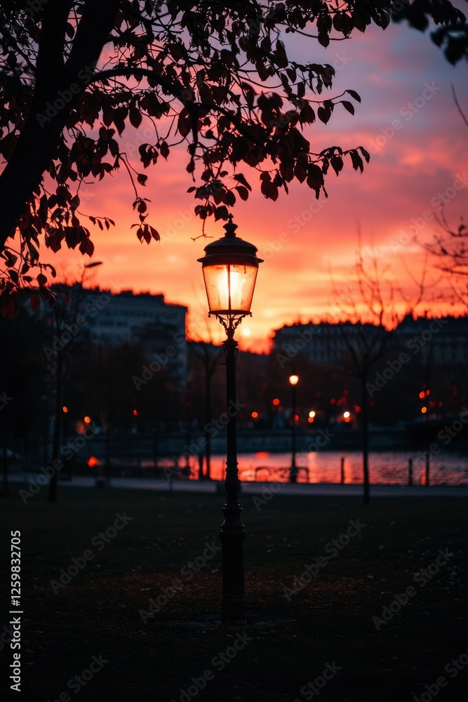 Sunset over a park, with a lit lamppost in the foreground. Use Travel stock Sunset over a park, with a lit lamppost in the foreground. Use Travel stock