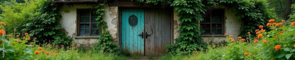 Dilapidated garage overgrown with vines and flowers, wooden door, flowers Dilapidated garage overgrown with vines and flowers, wooden door, flowers