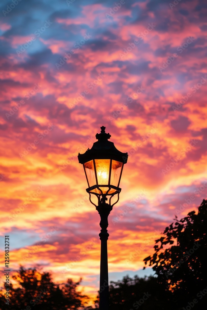Lamp shines at dusk. Clouds glow with sunset colors. Ideal for travel blog Lamp shines at dusk. Clouds glow with sunset colors. Ideal for travel blog