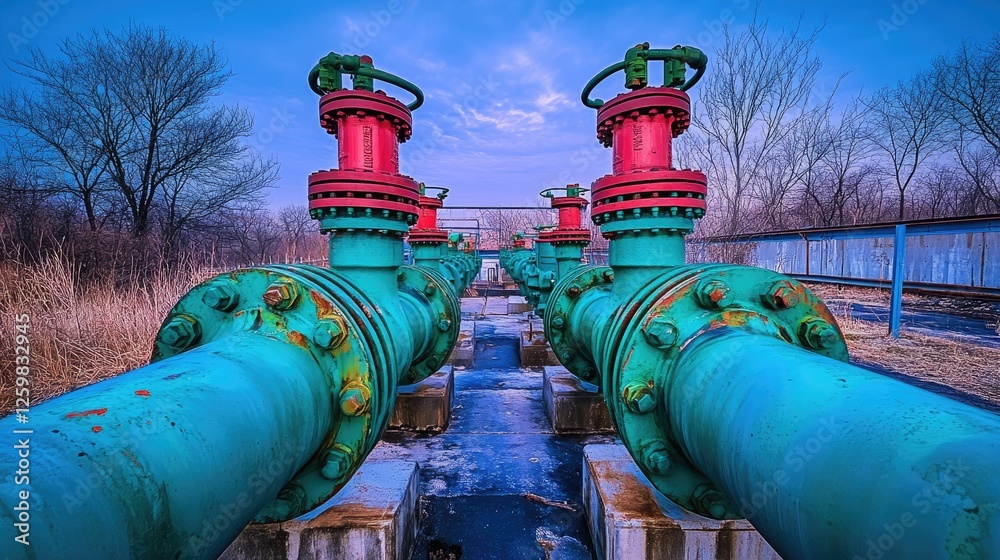 Parallel pipes stretching into the distance with oversized green and red valves on a blue backdrop Parallel pipes stretching into the distance with oversized green and red valves on a blue backdrop
