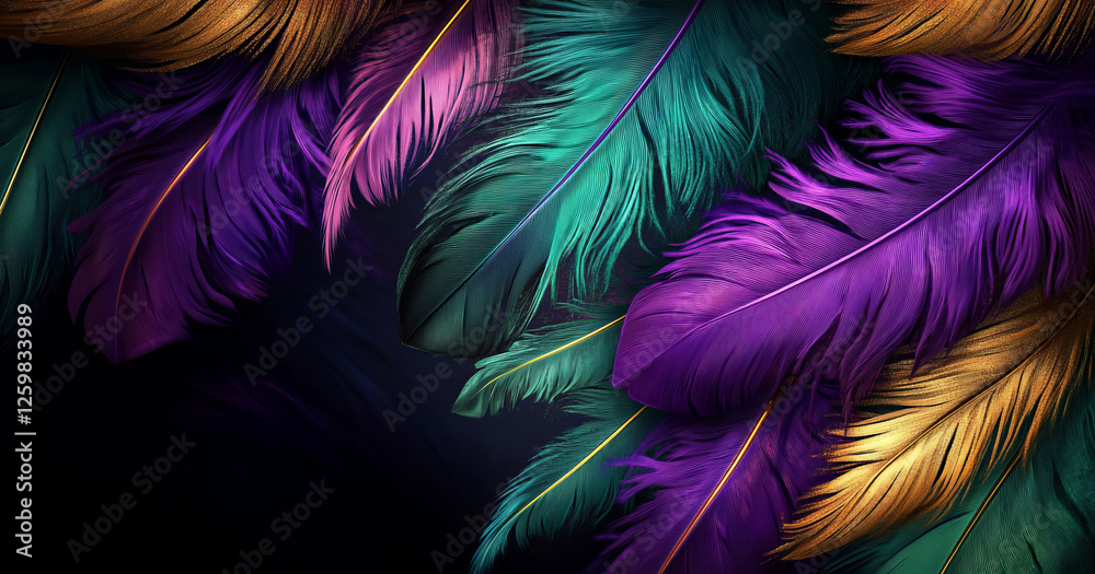 Obraz premium A striking digital art composition of Mardi Gras feathers in vivid purple, green, and gold spreads across a deep, dark background, evoking the festive energy of the carnival season.
