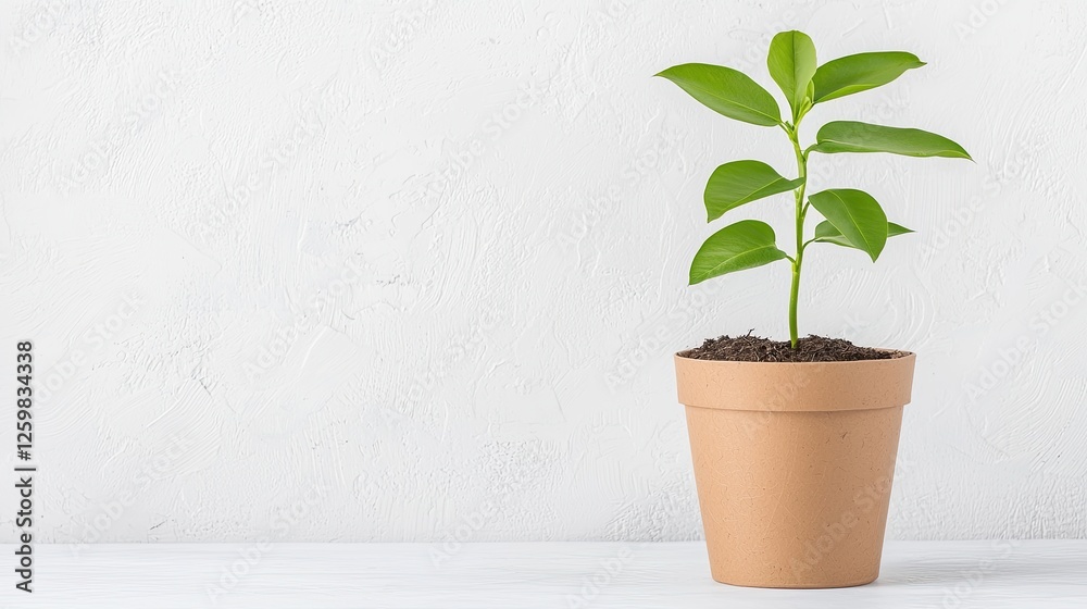 Fototapeta premium A small green plant grows in a terracotta pot against a minimalistic white background, symbolizing growth and renewal.