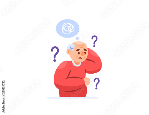 illustration of a grandfather who has memory problems. forget and confused. troubled mind. symptoms of amnesia, Dementia, memory disorders. health problems. flat style character design. elements