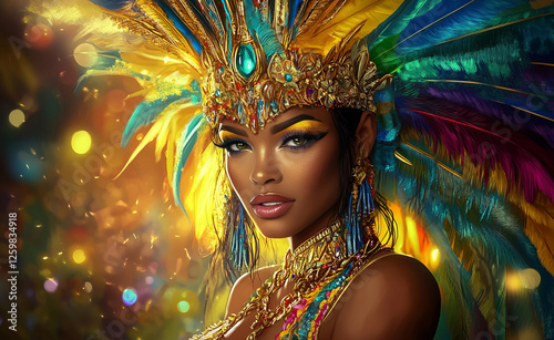 A stunning Black woman dressed as a Brazilian samba dancer wears a dazzling headdress and costume in yellow, blue, green, and gold, standing against a dramatic dark backdrop with vibrant energy.