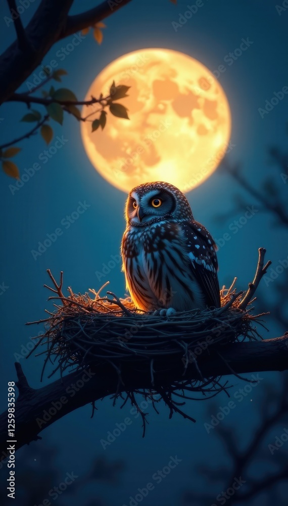 Fototapeta premium Softly glowing moonlight illuminates an owl's nest on a branch, nature, twigs, evening