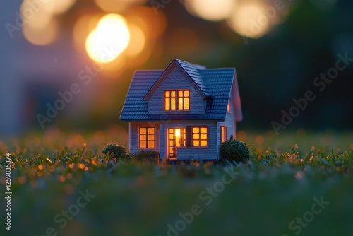 Miniature home on grass at sunset photo