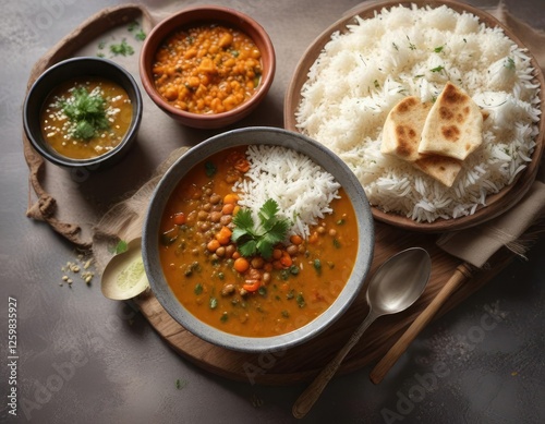 steaming bowl of Indian lentil soup served with a side of rice, homestyle cooking, dal, yellow liquid