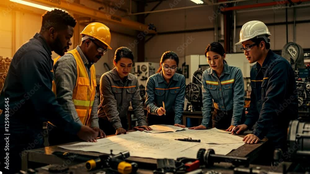 Engineers and Technicians Analyzing Engine Design Drafts in Industrial Engineering Facility Engineers and Technicians Analyzing Engine Design Drafts in Industrial Engineering Facility