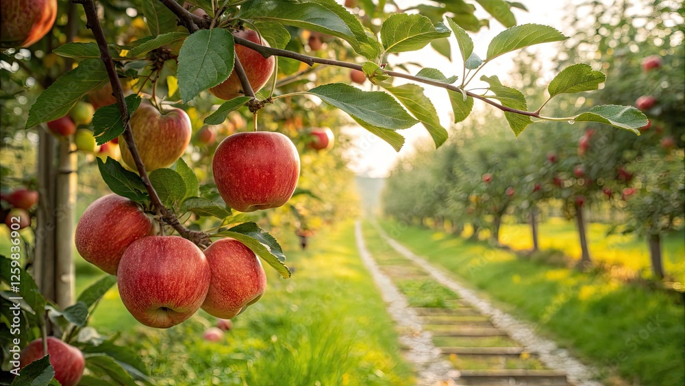 Fototapeta premium Ripe Apples on a Branch in a Lush Garden with Bokeh Effect for Stunning Visual Appeal and Nature Photography