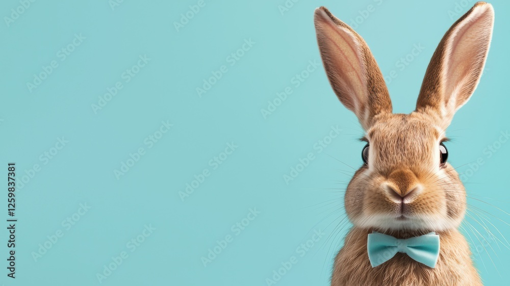 Fototapeta premium Adorable bunny wearing a bowtie making an Easter announcement against a bright teal background.
