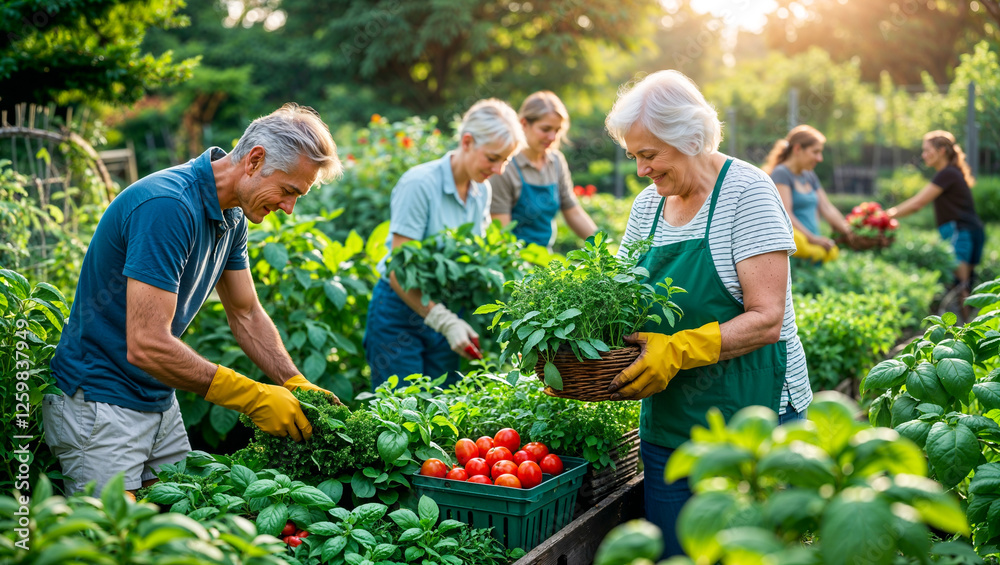 Fototapeta premium Senior Community Gardening: Group of Elderly People Harvesting Fresh Vegetables and Herbs in Organic Farm