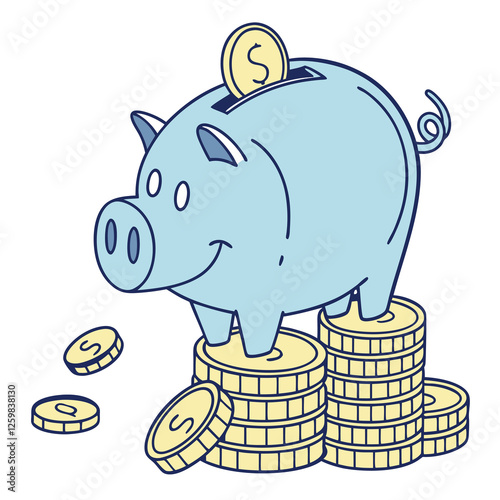 A Simple and Trendy Cartoon Concept of Savings with a Blue Piggy Bank