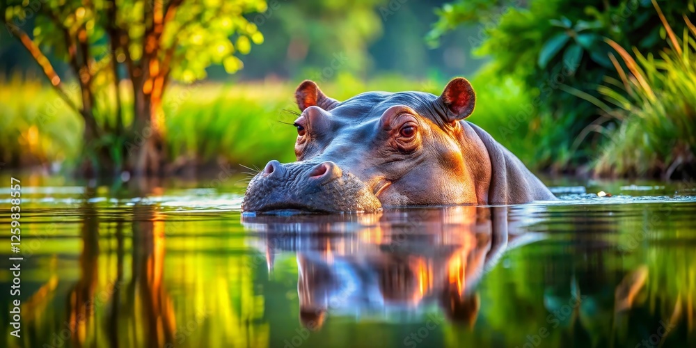 A hippopotamus partially submerged in tranquil water, its reflection mirroring the vibrant green foliage and golden sunlight A hippopotamus partially submerged in tranquil water, its reflection mirroring the vibrant green foliage and golden sunlight