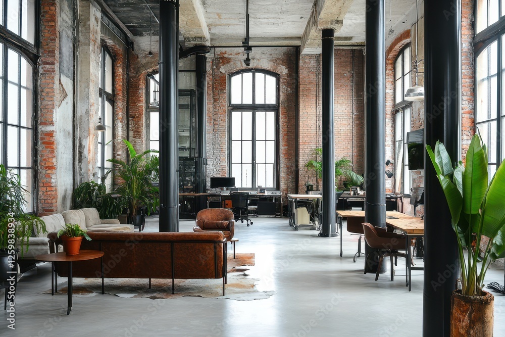 Naklejka premium Industrial Loft Office Space with Plants