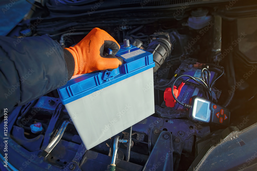 Driver changing old car battery under hood, installing new power source for improved engine start in cold season, electrical system maintenance in winter. Mechanic swapping old battery for new one