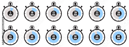 Countdown timer icon set collection with 5 10 15 20 25 30 35 40 45 50 55 and 60 minutes. Stopwatch Countdown Icons. Timer Clock Vector Set. Time Tracking Illustration. Countdown Stopwatch. clock watch
