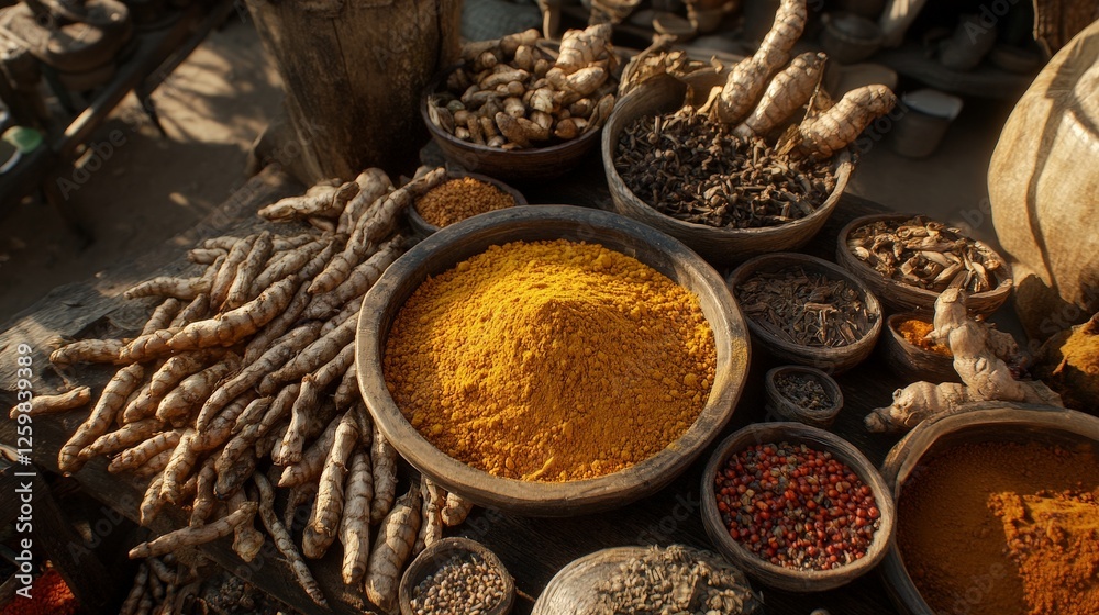 A vibrant display of various spices and herbs arranged in bowls on a wooden table. A vibrant display of various spices and herbs arranged in bowls on a wooden table.