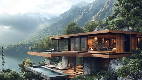 A luxury mountain retreat with cantilevered glass balconies offering panoramic views of a rugged alpine landscape, featuring natural materials like wood and stone integrated into its modern design. photo