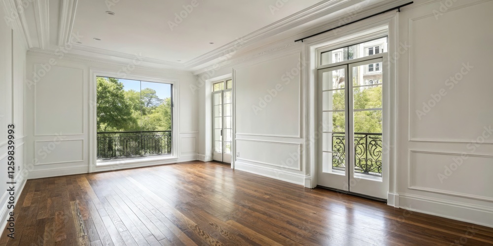 Fototapeta premium Spacious White Room with Balcony and Large Window, Perfect for Minimalist Design and Product Photography