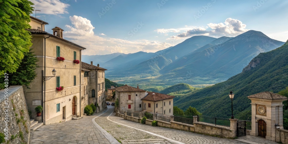 Obraz premium Stunning Architectural Photography of Civitella Alfedena in Abruzzo National Park, Italy â€“ Captivating Town Views, Scenic Mountains, and Rich Cultural Heritage