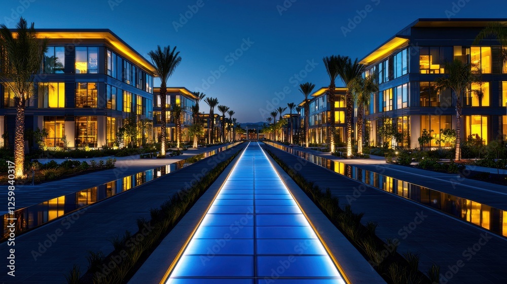 Luxurious Tropical Resort Villa with Illuminated Pool and Palm Trees at Night Luxurious Tropical Resort Villa with Illuminated Pool and Palm Trees at Night