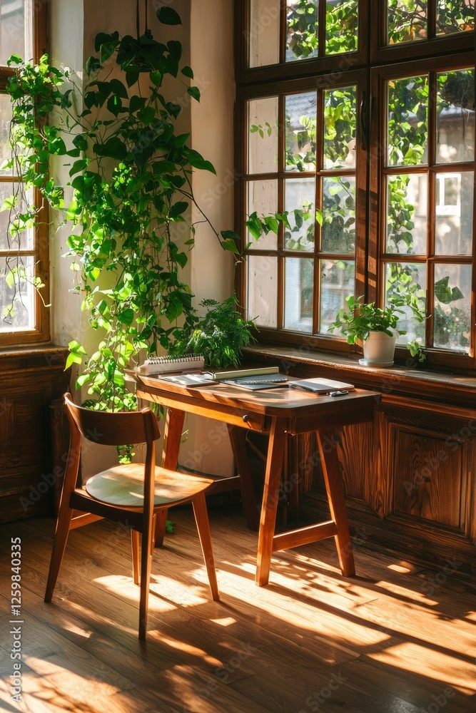 Wooden desk with greenery, bathed in sunlight by window, for home office, study Wooden desk with greenery, bathed in sunlight by window, for home office, study