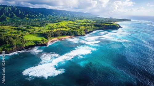 Overhead view of breaking waves and surf along the coastline