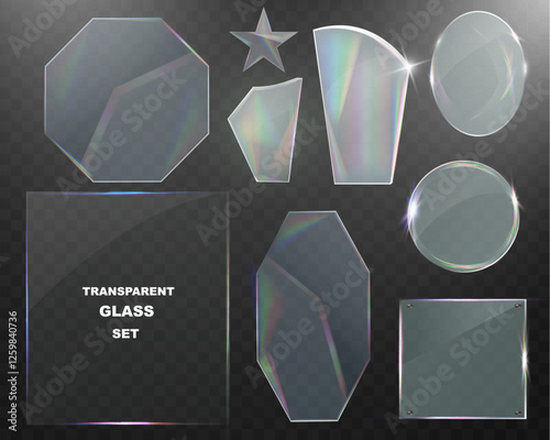 Transparent glass elements with light reflections, transparency effects, and realistic details for modern interface design.
