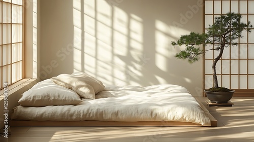 A serene, minimalist bedroom with a futon bed on a light wood floor, neutral beige and white bedding, a single potted bonsai tree on a low stand, and sunlight streaming through a paper screen window. photo