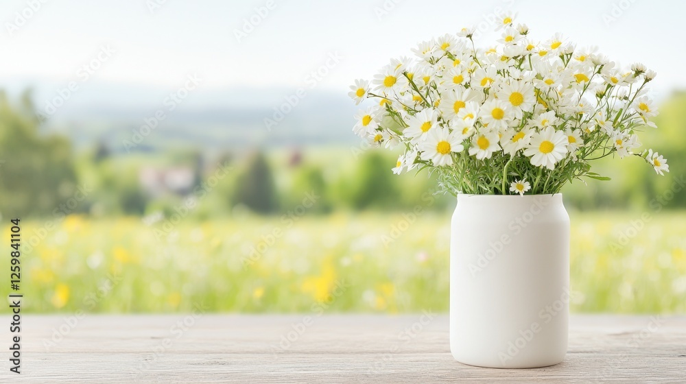 Fototapeta premium Daisies in vase, spring meadow background, nature scene, home decor