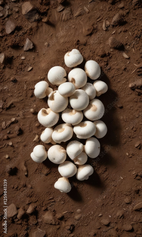 Top view of white shimeji mushrooms on a bed of rich soil, ingredients, earthy, close-up, natural, healthy Top view of white shimeji mushrooms on a bed of rich soil, ingredients, earthy, close-up, natural, healthy