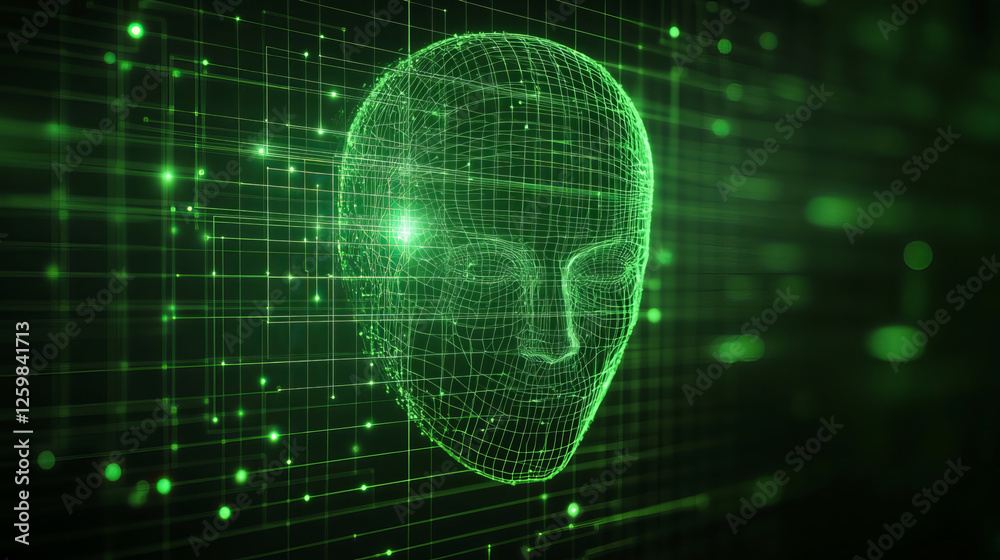 Obraz premium futuristic digital rendering of human head in green, showcasing intricate lines and glowing elements, representing advanced technology and artificial intelligence