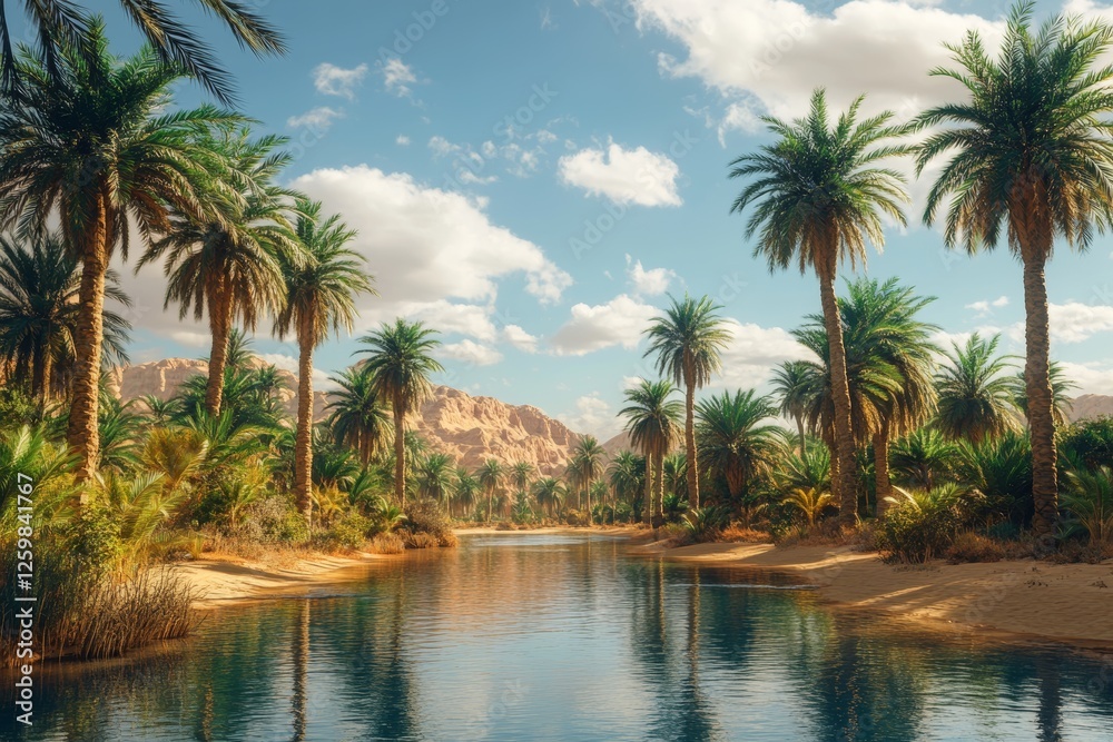 Obraz premium Oasis river, palm trees, desert mountains, sunny day, travel