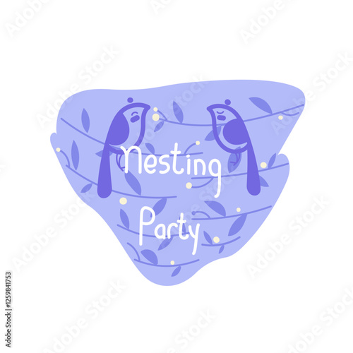 Nesting party invitation, christening Bird's nest made of a pair, plants, leaves, berries, twigs.Stylized, doodle illustration of a bird's nest in blue tones. Birth of a boy. Illustration in soft past