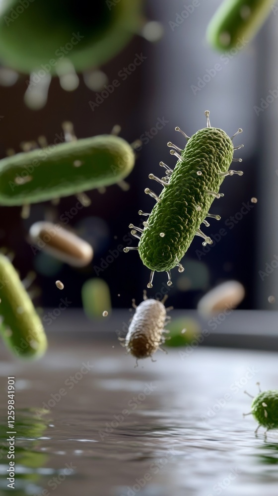 Naklejka premium Microscopic view reveals diverse bacterium in a dynamic environment exhibiting chaotic movements