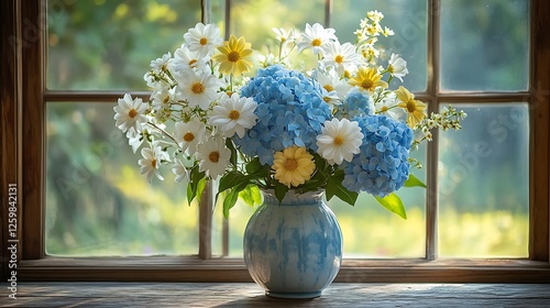 A whimsical floral arrangement of blue hydrangeas, white lilies, and yellow daisies in a vintage ceramic vase, displayed on a rustic wooden table by a sunlit window, photo