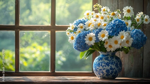 A whimsical floral arrangement of blue hydrangeas, white lilies, and yellow daisies in a vintage ceramic vase, displayed on a rustic wooden table by a sunlit window, photo