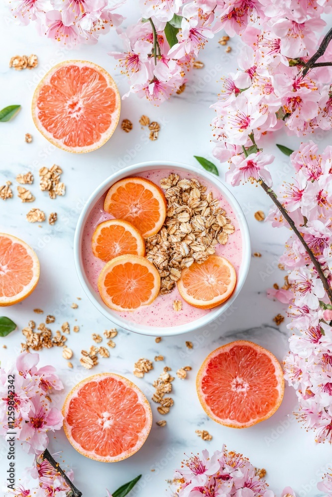 Pink grapefruit smoothie bowl with toppings & flowers on marble for healthy eating