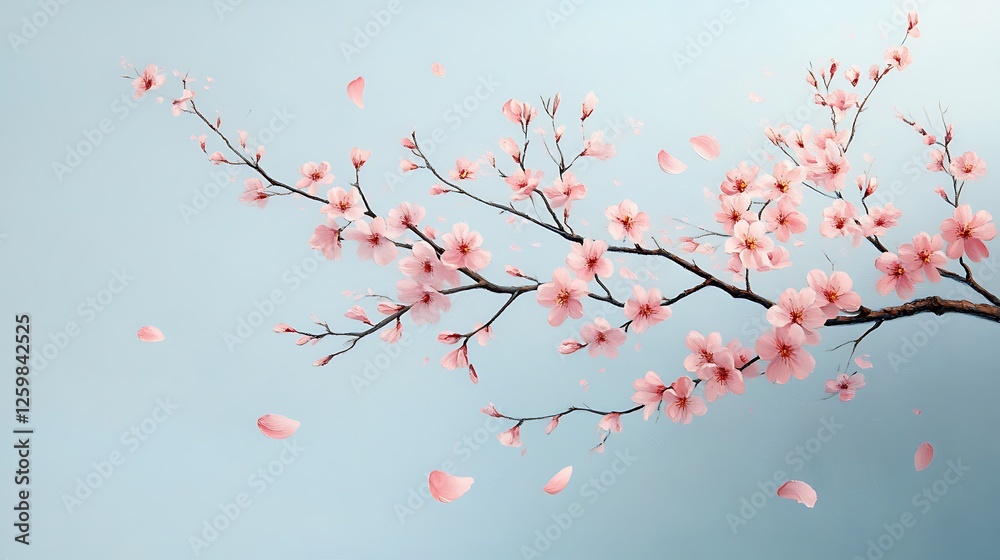 An artistic composition of cherry blossom branches in full bloom, with soft pink petals falling gracefully, set against a minimalist pale blue background for a serene and elegant aesthetic. An artistic composition of cherry blossom branches in full bloom, with soft pink petals falling gracefully, set against a minimalist pale blue background for a serene and elegant aesthetic.