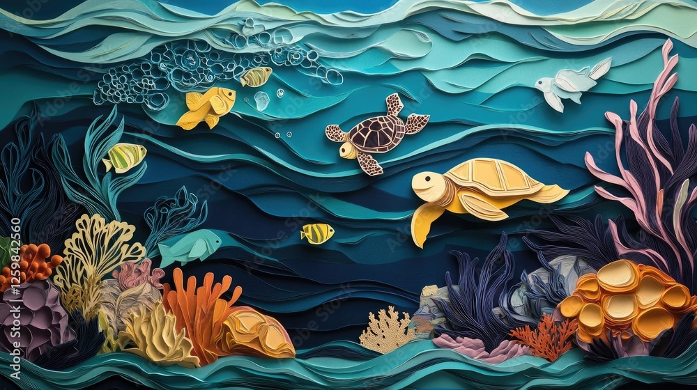 Paper-cut underwater scene with waves, fish, coral reefs, and turtles Paper-cut underwater scene with waves, fish, coral reefs, and turtles