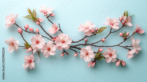 An artistic composition of cherry blossom branches in full bloom, with soft pink petals falling gracefully, set against a minimalist pale blue background for a serene and elegant aesthetic. photo