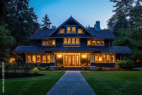 Evening view of stately home, lit porch, lush trees photo