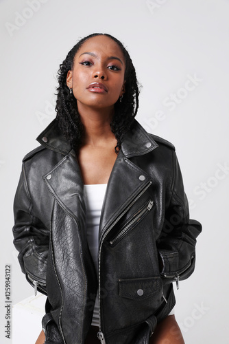 Gorgeous young African American woman wearing black leather jacket posing over white background. Vertical. photo