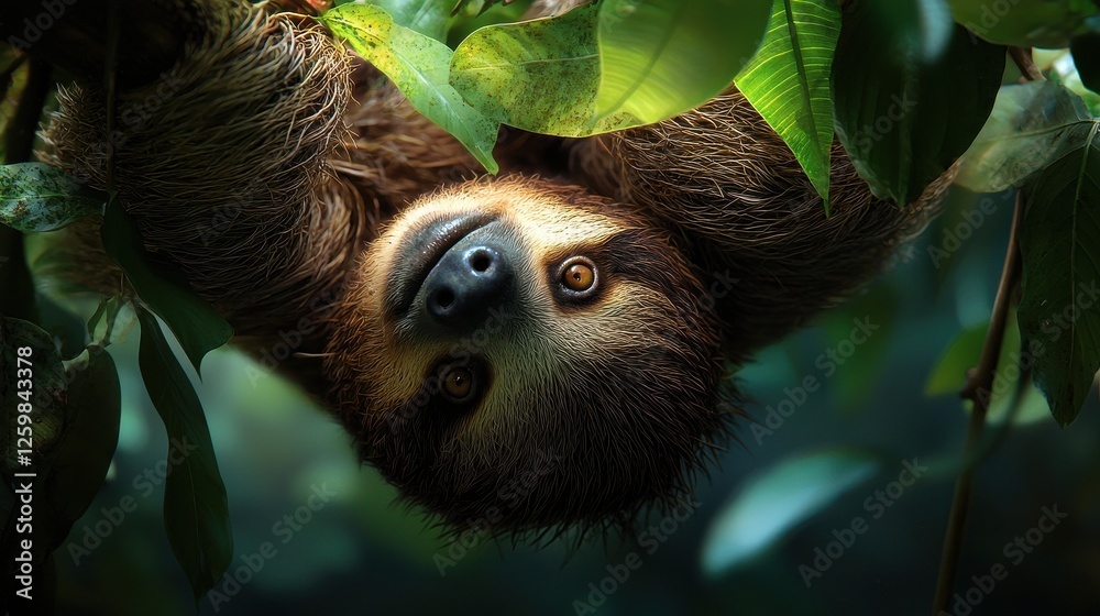 Fototapeta premium A sloth is hanging from a tree branch