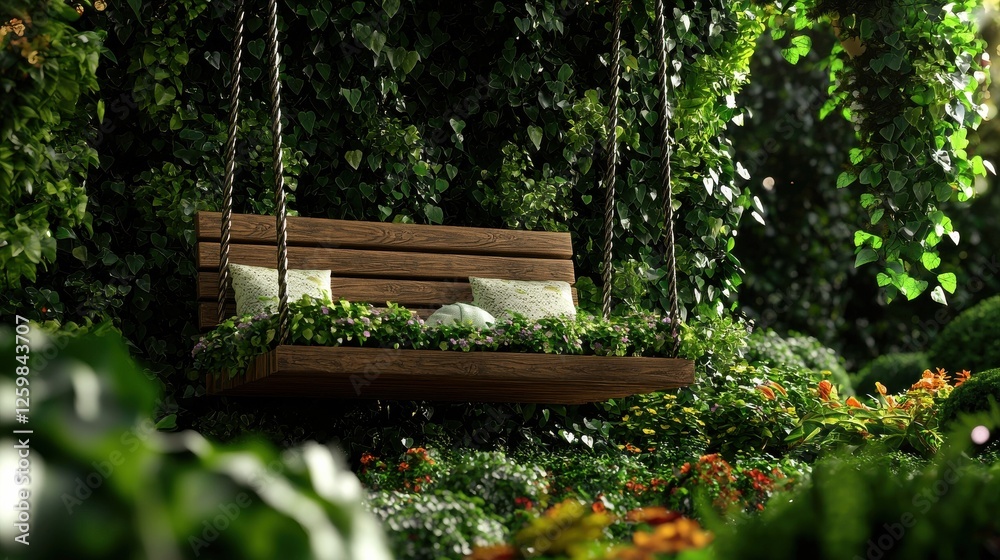 Naklejka premium A wooden swing is suspended over a lush green field