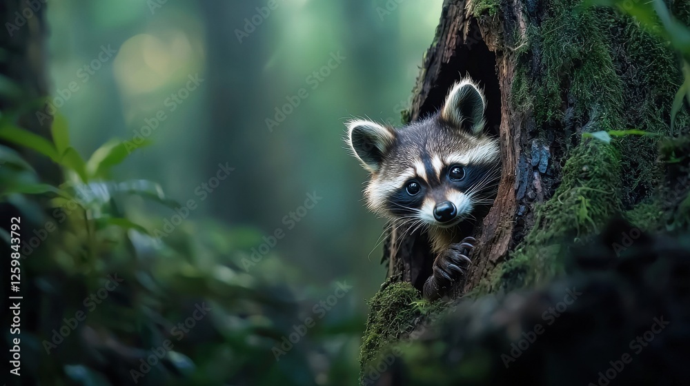 Fototapeta premium A baby raccoon is peeking out of a hole in a tree