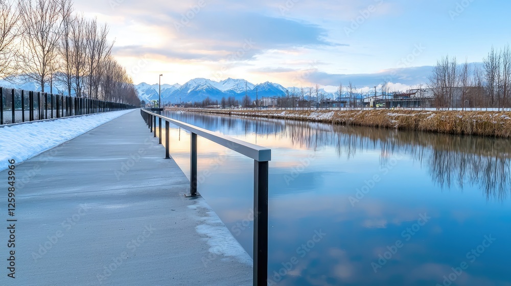 Naklejka premium Snowy Canal Pathway at Sunrise