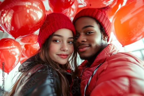 Valentine's day, lovers couple: extraordinary bold image of loving interracial teenager couple. Commercial ad conceptual art art. Sign of love and affection. Wedding romance. Date night. photo