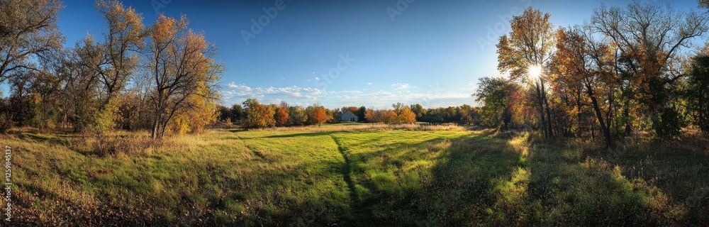 Autumn meadow, sunlit trees, rural landscape Autumn meadow, sunlit trees, rural landscape